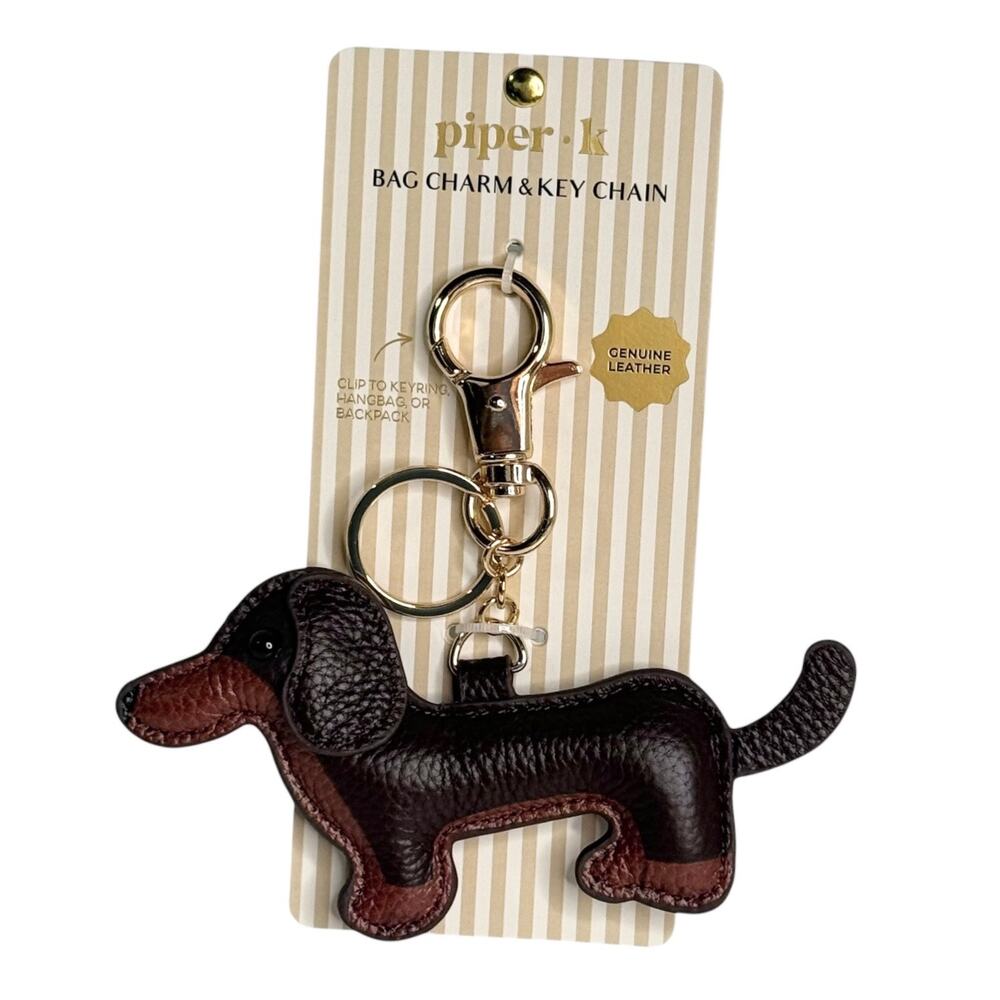Piper K Dachshund Dog Bag Charm Leather 6" Brown Weiner Dog Key Ring Clip New